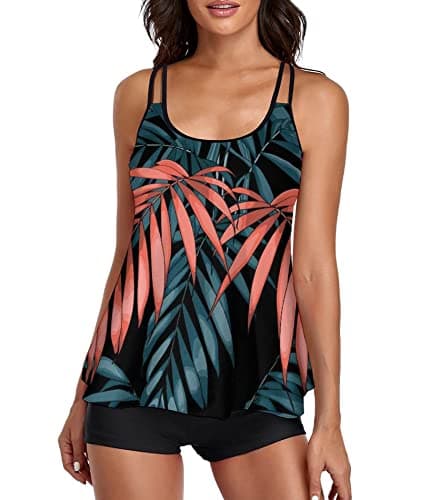 Urchics Womens Gray Tankini Swimsuit Tank Top Two Piece Bathing Suits with Boyshorts Print Leaf XXXL - Image 1