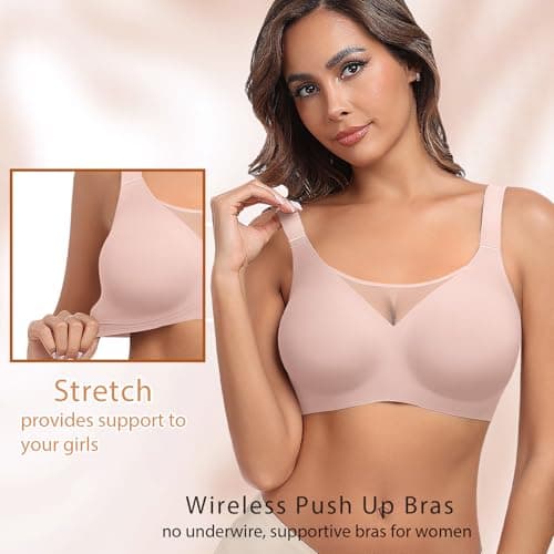 Ganado Wireless Bras for Women Full Coverage Mesh Seamless Supportive Comfortable Bras No Wire T Shirt Bra Padded Bralette (Pink, Medium) - Thumbnail 3