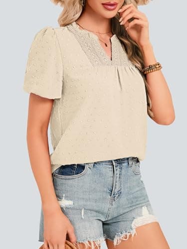 Funlingo Womens Tops Puff Sleeve V Neck Dressy Casual Blouses Summer Flowy Swiss Dot Boho Babydoll Short Sleeve Shirts Trendy Clothes 2026 Beige S - Thumbnail 2