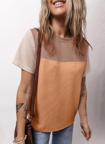 Dokotoo Womens Shirts Color Block Short Top Cute Pullover Ladies Tees & Blouse Spring Summer Business Casual t Shirts Blouses for Women Fashion 2025 Khaki Medium - Thumbnail 3