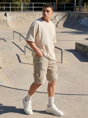 JMIERR Mens Baggy Jean Shorts Relaxed Fit Knee-Length Stretch Jorts Y2K Vintage Wide Leg Summer Casual Denim Shorts with Pockets, White, X-Small - Thumbnail 2