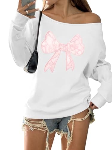 MYHALF Off the Shoulder Sweatshirt for Women Y2K Bow Graphic Pullover Tops Drop Shoulder Long Sleeve Cute Sweaters - Image 1