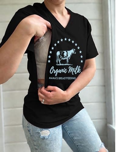 LUKYCILD Nursing Shirts for Breastfeeding Women Zipper Nursing Maternity Graphic Tee Mama Breast Feeding V Neck Tops Black - Thumbnail 2