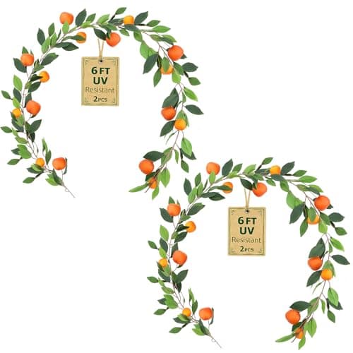 2PCS Artificial Oranges Garland(12Ft Total) - Faux Oranges Vine with Greenery, Realistic Fruit Garland for Home, Garden, Wedding, Party & Christmas Decor | Fake Orange Wreath for Hanging Decoration
