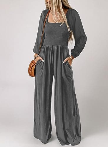 Dokotoo Womens Casual Loose Overalls One Piece Long Sleeve Jumpsuits for Women Stretchy Wide Leg Long Pant Rompers Jumpsuit with Pockets Small Gray - Thumbnail 2