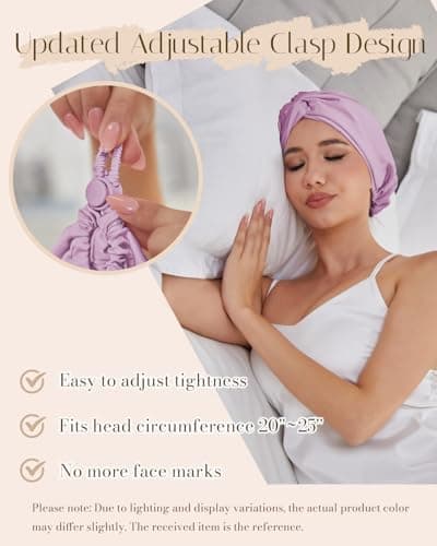 HFRHTGY Adjustable Silk Satin Hair Bonnet for Sleeping Women Hair Wrap, Double Layer Night Turban, Sleep Cap for Natural Curly Straight Unisex - Lavender - Thumbnail 2