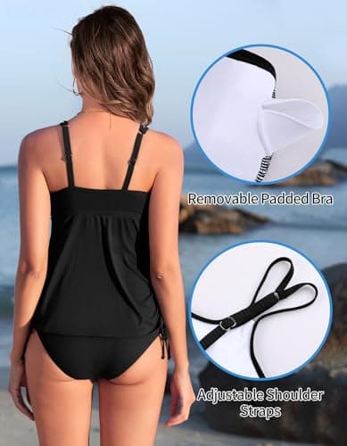 ANFILIA Womens Two Piece Tankini Swimsuits Tummy Control Bathing Suit Top with Bottom Tie-Side Drawstrings Swimsuit Black - Thumbnail 5
