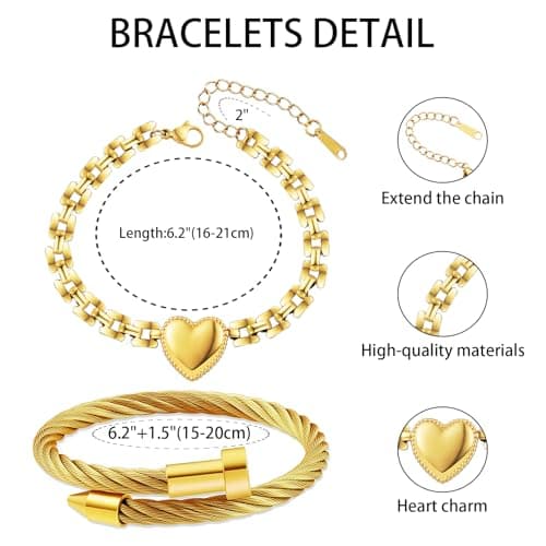 LCTrusttmor Gahna Heart Bracelets for Women, Stackable 18K Gold Plated Heart Charm with Adjustable Link Chain Set Trendy Jewelry Gifts - Thumbnail 4