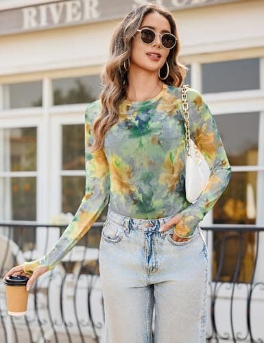 Totatuit Women Long Sleeve Mesh Top Floral Printed Crewneck Basic Fitted Blouse Shirts for Teen Girls See Through Sheer Mesh Top Night Out Party Travel Tshirts Green Small - Thumbnail 6