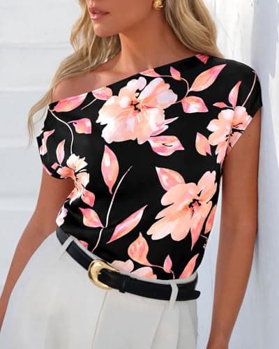 Zenlonr Womens Off The Shoulder Tops 2026 Summer Casual Short Sleeve T Shirts Boho Floral Blouse Trendy Going Out Tops(Black Pink Flower,XX-Large) - Thumbnail 2