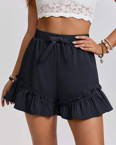 IEEILULU Flowy Shorts for Women Boho Ruffle Skorts Elastic Waist Bow-Knot Casual Summer Shorts with Pockets Navy Blue M - Thumbnail 2