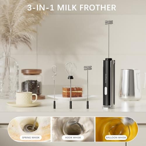 Anfilank Handheld Milk Frother Wand with Folding Stand, Rechargeable Electric Whisk with 3 Speeds & 3 Stainless Heads, Milk Foam Maker with Stand for Latte, Cappuccino, Hot Chocolate, Egg - Thumbnail 4