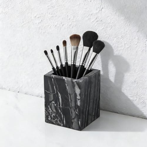 Natural Marble Toothbrush Holder: Pen Holder - Makeup Brush Holder - Marble Organizer for Vanity- Cup for Bathroom - Office & Home Countertop Organizer - Desk Organizer - Dark Gray - Image 1