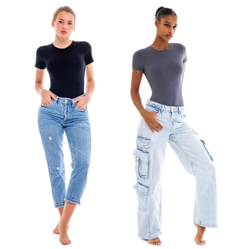 Walifrey Short Sleeve Bodysuits for Women Round Neck Basic Stretchy T Shirts Bodysuits Tops Black L - Thumbnail 5