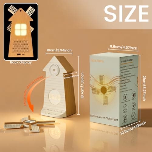 Sunrise Alarm Clock with Rotating Windmill, Easy Snooze Wake Up Light, 10 Natural Sounds & 10 White Noises, 4-Level Dimmer Bedside Night Light with 30/60/90 Min Timers, Sleep Aid Gift for Adults/Kids - Thumbnail 2