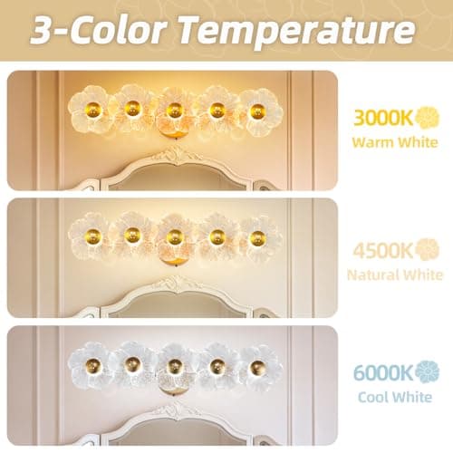 TYhogar 26.7" Gold Bathroom Light Fixtures 5 Light Floral Vanity Lights, 3-Color Dimmable Bathroom Vanity Light Elegant Led Wall Lights Cordless Wall Sconces for Decor,Bathroom,Livingroom - Thumbnail 6