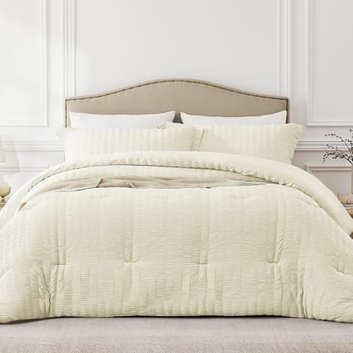 Quataly Queen Comforter Set Cream,3PCS Seersucker Lightweight Bedding Comforter for All Season, Queen Size(90''×90'' Comforter & 2 Pillowcases) - Image 1