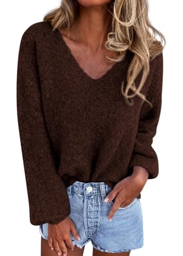 KIRUNDO Sweaters for Women Fall 2026 Oversized V Neck Cozy Cute Casual Long Sleeve Knit Pullover Trendy Winter Clothing(Brown, X-Large) - Image 1