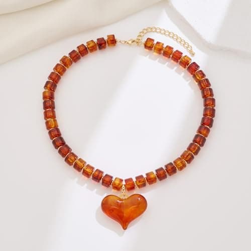 SHANTYSON Amber Chunky Heart Penadnt Necklace for Women Exaggerated Statement Puff Heart Necklaces Acrylic Beaded Chain Jewelry Gift - Thumbnail 6