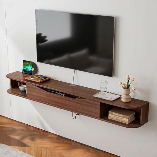 FurniNova Floating TV Stand,70'' Wall Mounted TV Cabinet,Floating TV Console,Under TV Shelf with 1 Door and 2 Cabinets for TVs up to 75''(Walnut) - Image 1