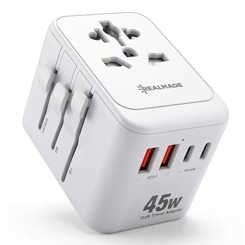 Realmade 45W Universal Travel Adapter with PD Fast Charging, 5-Port (1 AC/2 USB-A/2 USB-C) European Travel Plug Adapter, Type C/G/I/A, White