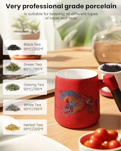 Foinly Ceramic Tea Cup with Infuser and Lid, 13.5 oz Tea Mug for Loose Leaf Tea,Wood Handle,Chinese Dragon Design,All Porcelain Strainer,BPA-Free, Perfect for Tea Lovers/Birthday/Mother's Day (Red） - Thumbnail 4