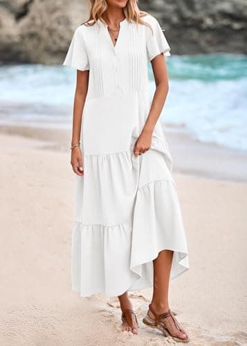KIRUNDO Summer Maxi Dresses for Women 2026 Spring Fashion Short Sleeve Button V Neck Pleated Loose Tiered Swing Flowy Dress(White, Large) - Thumbnail 3
