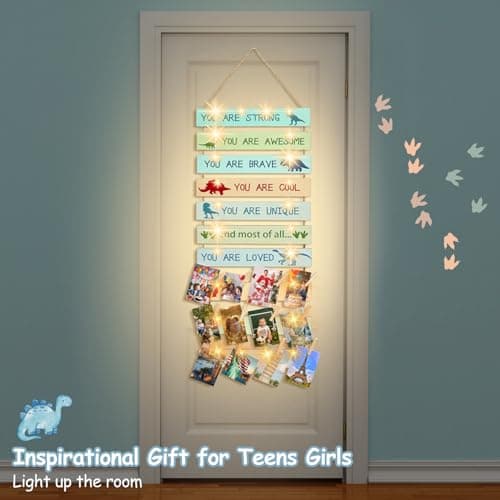Homecor Rustic Wooden Photo Display with Lights, 12 Clip Hanging Picture Collage Wall Decor for Teen Girls Boys Bedroom, Inspirational Memo Board with String Lights for Birthday Gifts - Thumbnail 3