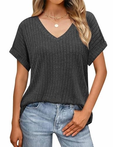 JUSTFASHIONNOW Short Sleeve Shirts for Women Dressy Casual Summer V Neck Tops Loose Fit Plus Size Basic Tee 2026 Trendy Spring Outfits Black XL - Thumbnail 2