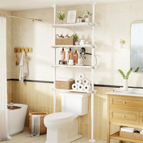 Bonpally Over The Toilet Storage Shelf, 4-Tier Adjustable Bathroom Organizer, No Drill Tension Mounted Shelves Metal, Space-Saving Bathroom Cabinet Rack Above Toilet for Small Bathroom Rooms, White - Image 1