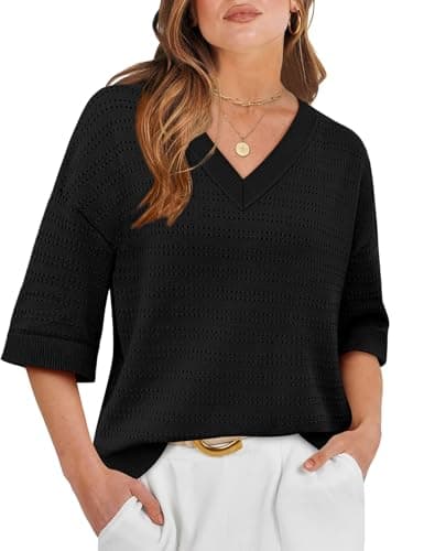 WIHOLL Women Blouses Dressy Casual Summer V Neck Sweaters Lightweight 3/4 Length Sleeve Womens Tops Trendy 2026 Fashion Black M - Thumbnail 2