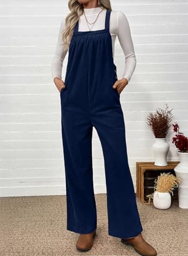 Happy Sailed Overalls for Women Winter Fall Corduroy Sleeveless Jumpsuits Casual Loose Wide Leg Pants Rompers with Pockets Navy Blue Small - Thumbnail 5