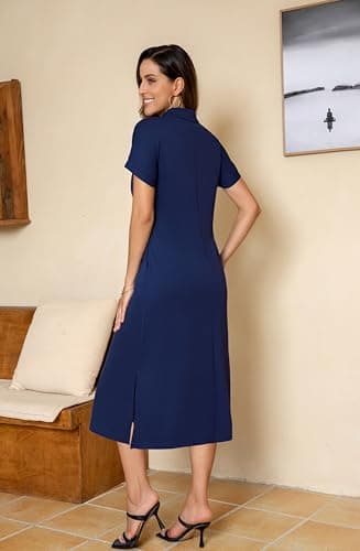 BEXIBOOM Women's Summer Maxi Dress, Cap Sleeve V Neck Collared Polo Shirt Dress with Pockets, Casual Long Dress for Beach Vacation Work Navy Blue-XL - Thumbnail 4