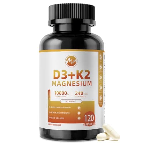 M inch Vitamin D3 K2 with Magnesium, Vitamin D3 10000 IU, Vitamin K2 MK-7 240 mcg, 6-in-1 K2 D3 Vitamin Supplement with Quercetin for Bone, Immune & Moo*d Support, Highly Bioavailable, 120 Capsules - Image 1