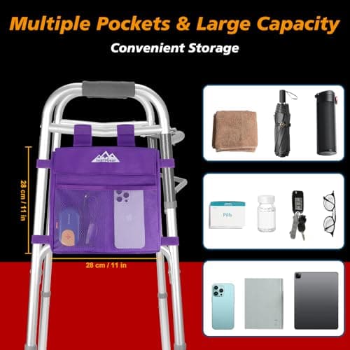 supregear Walker Side Bag, Multi Pocket Storage Pouch for Folding Walker, Water Resistant Lightweight Hand Free Carrier Tote, Universal Size Seniors Caddy Attachment - Thumbnail 2