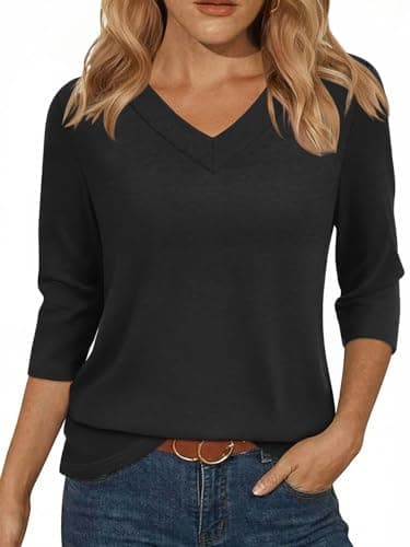 YESTTO Womens Tops 3/4 Sleeve V Neck Tunic Tops Casual Loose Fit Shirts Soft Lightweight Blouses Summer Dressy Basic Tees Black - Image 1
