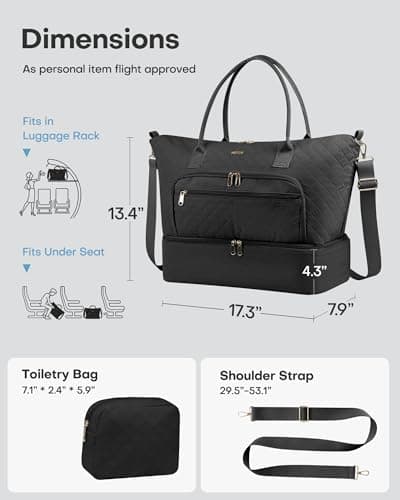 HOTOR Travel Duffle Bag for Women - Carry on Bag with Toiletry Pouch & Shoe Compartment, Large Overnight Weekender Bags for Gym, Business Trips, Sports and Hospital, Black, 17.3" x 7.9" x 13.4" - Thumbnail 4