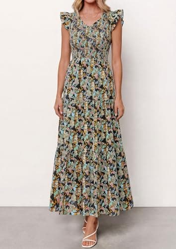 PRETTYGARDEN Women's Boho Floral Maxi Dress 2026 Summer Smocked V Neck Ruffle Sleeve Spring Flowy Beach Vacation Sundresses (Black,X-Large) - Thumbnail 4