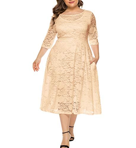 Eternatastic Womens Scooped Neckline Floral lace Top Plus Size Cocktail Party Midi Dress 5XL Beige - Thumbnail 6