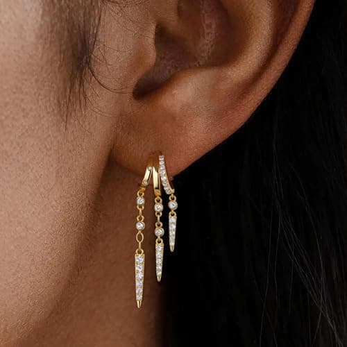 Gold Dangle Earrings for Women, 14k Gold Plated Statement Triple Hoop Illusion Drop Earrings Cubic Zirconia Huggie Earrings for Women Trendy - Thumbnail 4