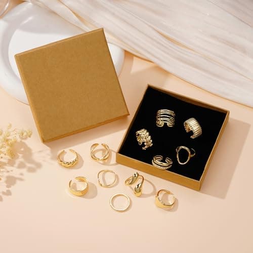 Yoosteel Chunky Gold Rings for Women - Hypoallergenic Dainty 14K Gold Plated Thick Stackable Open Finger Rings Set for Women Trendy Jewelry Gifts 12 PCS - Thumbnail 6