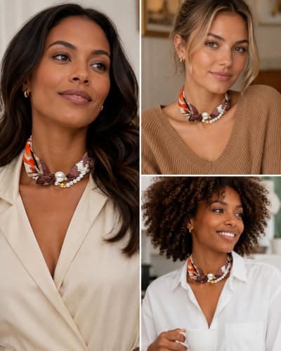 Layered Silk Scarf Choker Necklace for Women Fashion Brown Pearl Bandana Necklaces with Charms Elegant Formal Costume Prom Jewelry Gift - Thumbnail 6