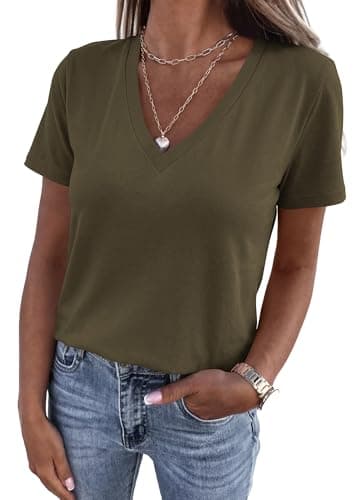 KIRUNDO V Neck T Shirts for Women Summer Tops Oversized Spring Short Sleeve Casual Basic Tees Tunic Blouse Fashion Clothing(Army Green, XX-Large)