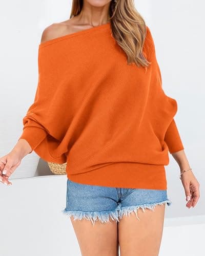 Zenlonr Women's Fall Sweaters 2026 Casual Long Batwing Sleeve Loose Off Shoulder Knit Pullovers Jumper Tops(Bright Orange,Small) - Thumbnail 3