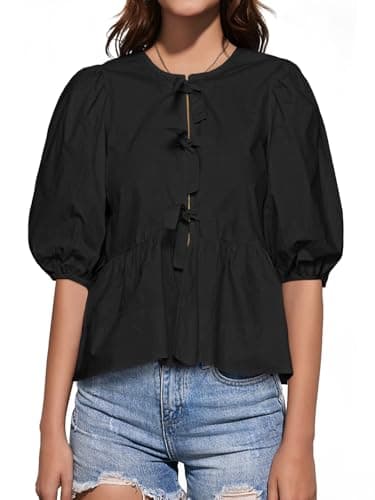 Tankaneo Womens Tie Front Tops Summer Peplum Babydoll Puff Short Sleeve Blouse Cute Cotton Shirts Black - Image 1