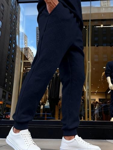 TRFIC Mens Textured Casual Joggers Tapered Cargo Pants with Drawstring Elastic Waist and Pockets for Daily wear Navy - Thumbnail 3