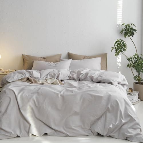 MooMee California King Duvet Cover Set, 100% Washed Cotton Linen Like Twill Thick Sturdy Material Super Soft Breathable Durable Bedding for All Season, 3 Pieces (Light Gray, Cal King 104"x98") - Image 1