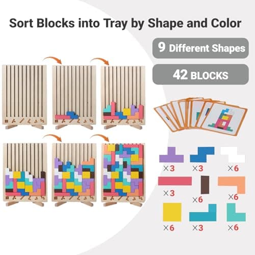 FAMCHAINS Wooden Block Stacking Puzzle Toy, Sliding Tiles Game, Russian Block Game with Pattern Cards, Stress Relief Toy,Giant Jigsaw Puzzle Board - Thumbnail 2