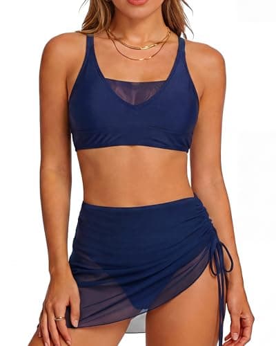 Loiyadn Womens Bikini High Waisted Bikini Sets for Women with Mesh Skirt Cover Up, Tummy Control Swimsuits, Adjustable Straps, Navy, XXL - Image 1