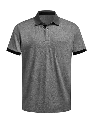 Hardaddy Men's Business Casual Polo Shirt with Pocket Work Shirts with Collar Short Sleeve Stylish Summer Contrast Color Tees Tops Shirts Slim Fit Dark Gray XL - Image 1